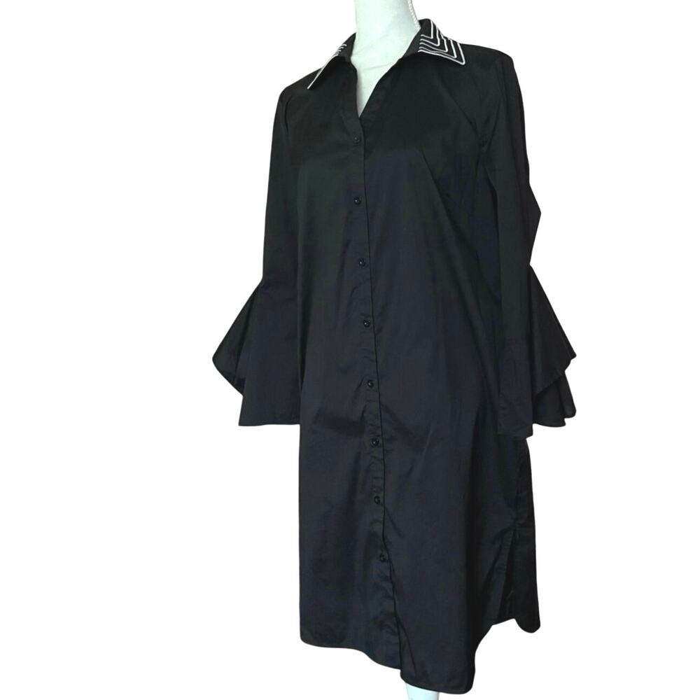 MING WANG black shirt dress bell sleeve button front knee length M medium